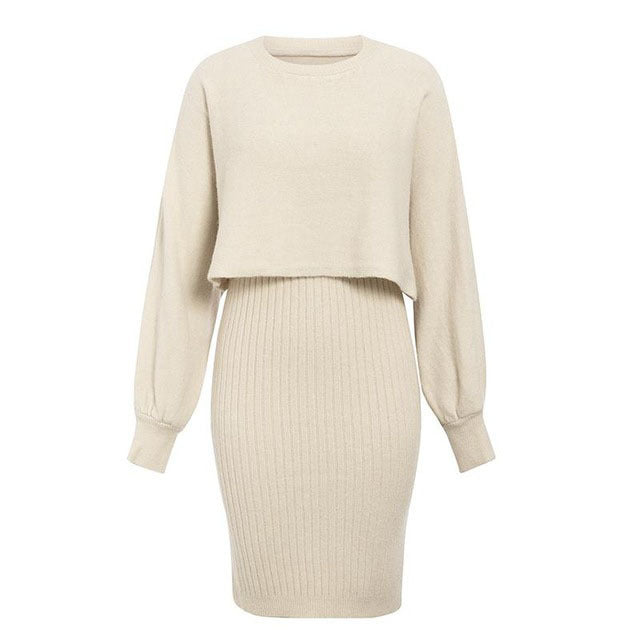 2pcs Knitted Dress Suit Fashion Solid Color Pullover Lantern-sleeved Sweater Fall Winter