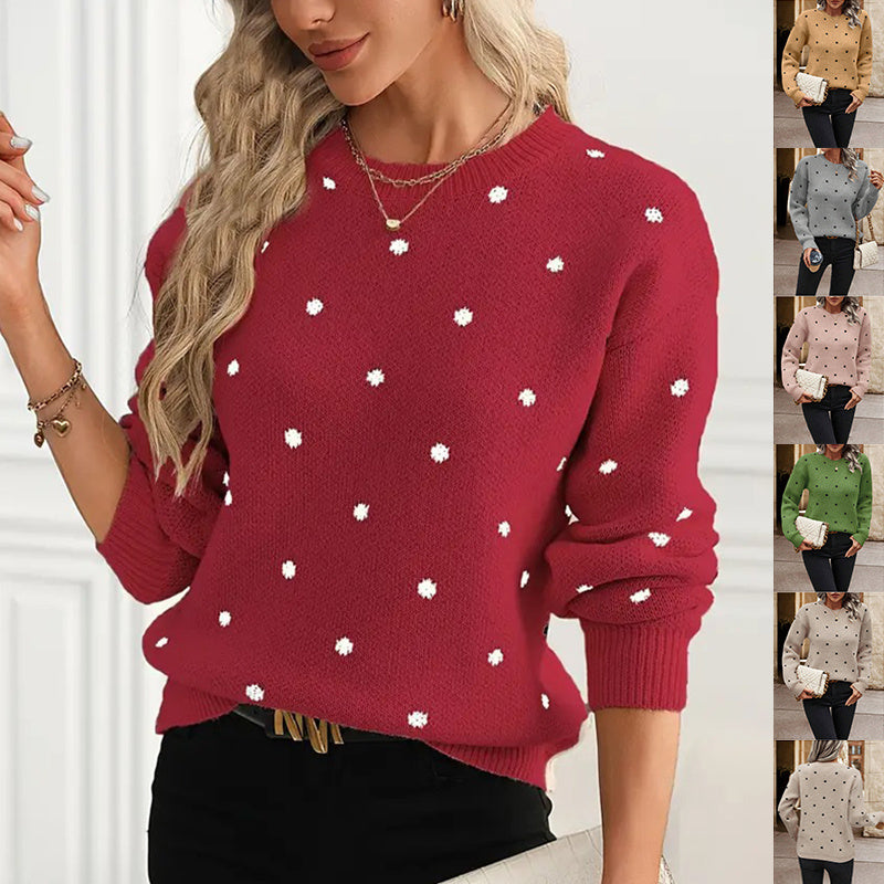 Ins Polka Dot Print Pullover Sweater Fashion Casual Long-sleeved Jacquard Knitted Top Winter.