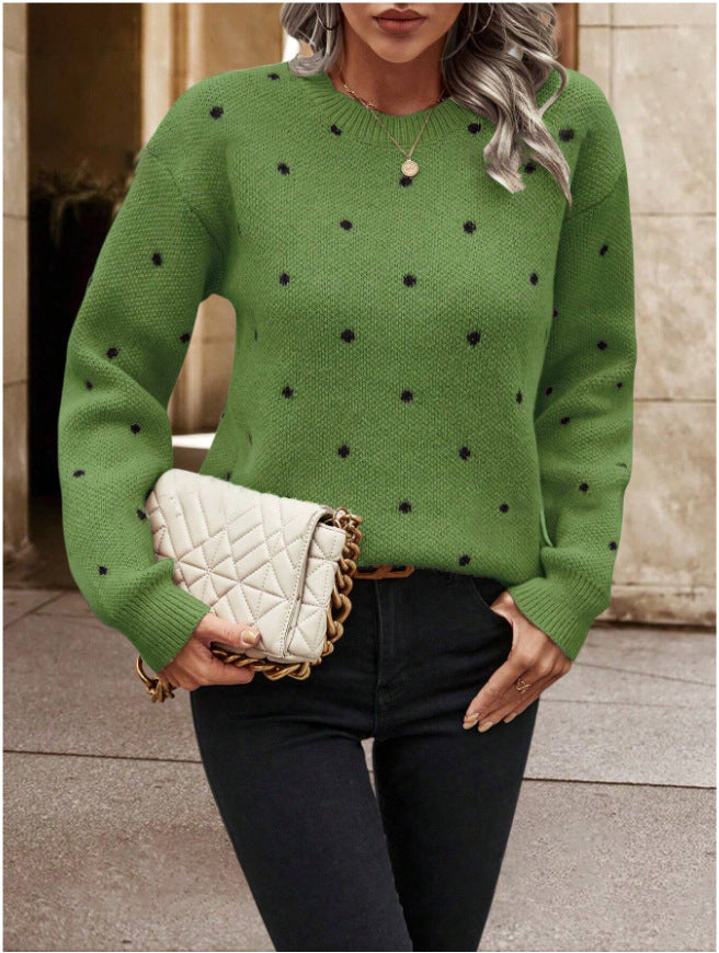 Ins Polka Dot Print Pullover Sweater Fashion Casual Long-sleeved Jacquard Knitted Top Winter.