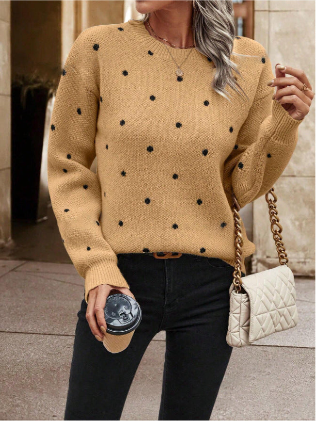 Ins Polka Dot Print Pullover Sweater Fashion Casual Long-sleeved Jacquard Knitted Top Winter.