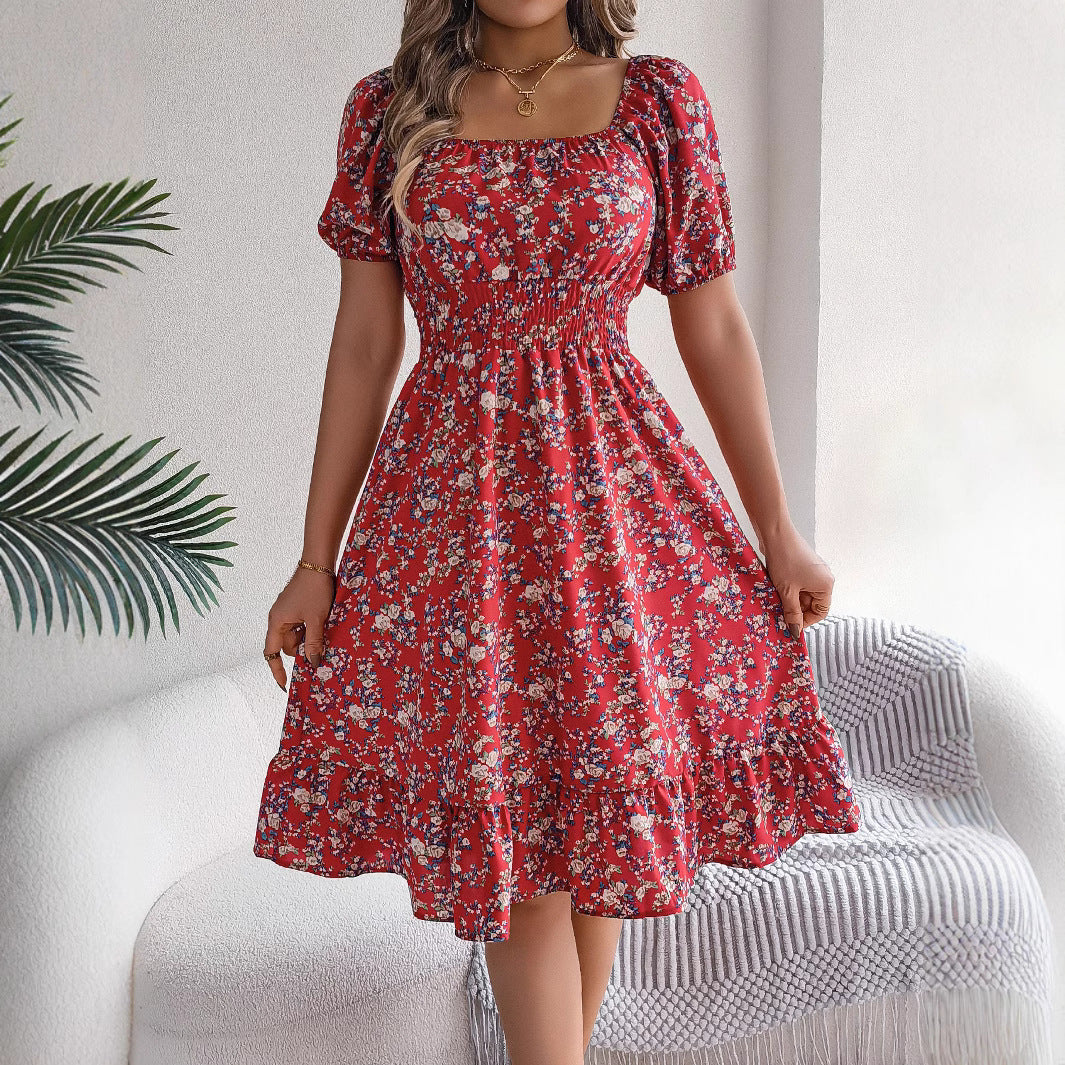 Floral Print Square Collar Dress Summer Fashion.