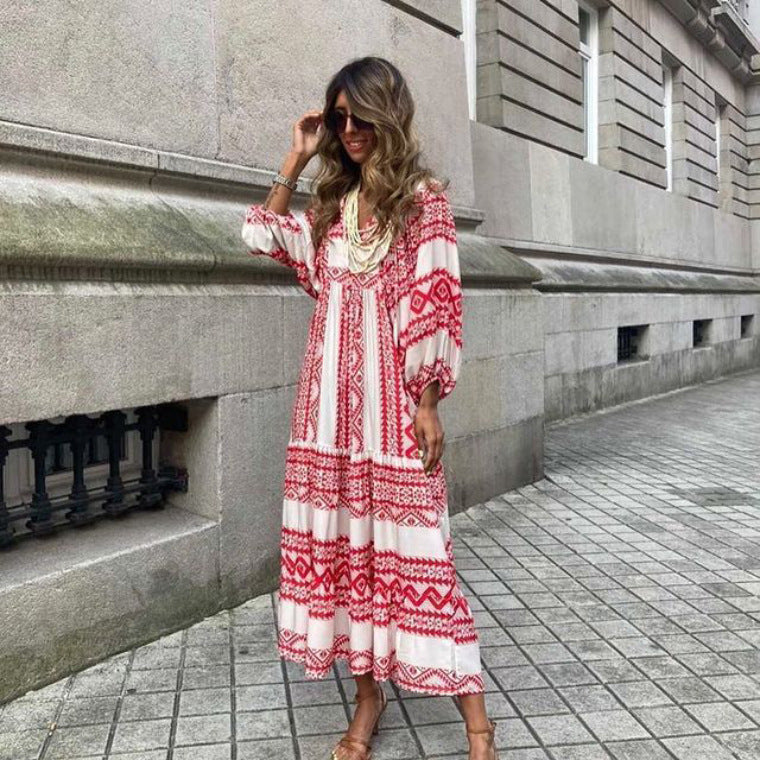 Summer Women's Vintage Printed Bohemian Dress Elegant Ladies Casual .