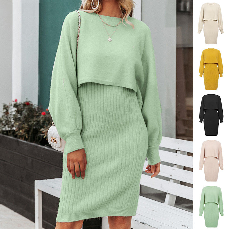 2pcs Knitted Dress Suit Fashion Solid Color Pullover Lantern-sleeved Sweater Fall Winter