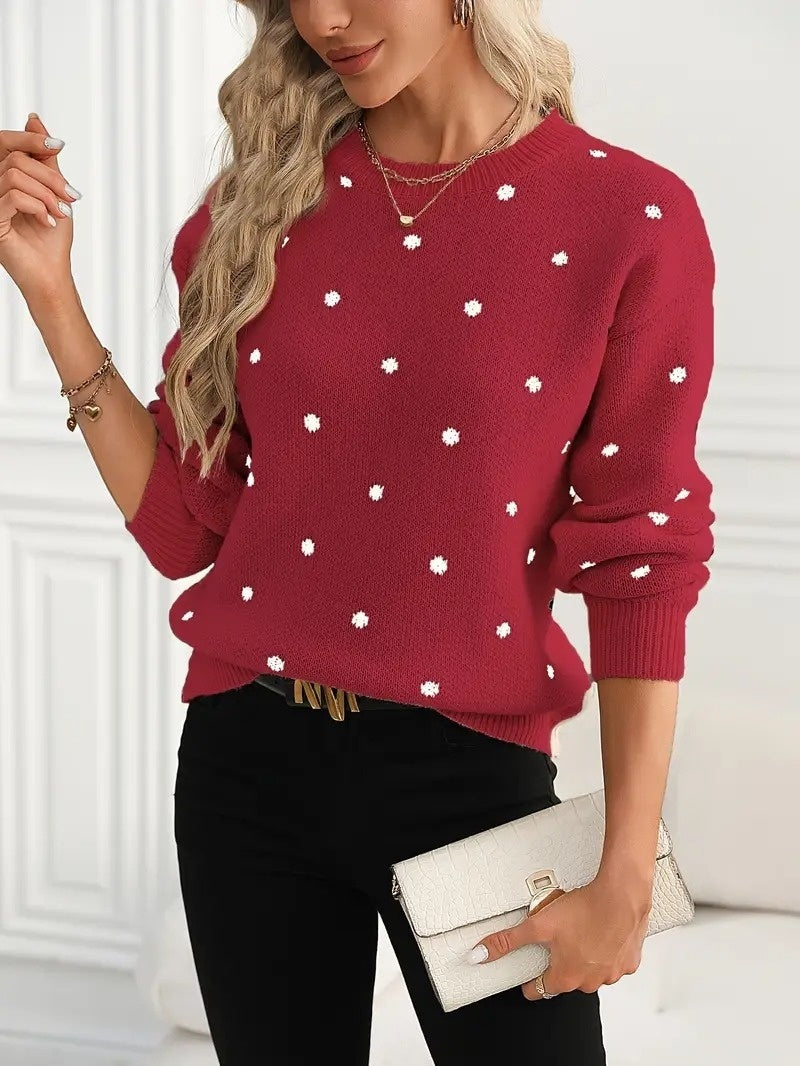 Ins Polka Dot Print Pullover Sweater Fashion Casual Long-sleeved Jacquard Knitted Top Winter.