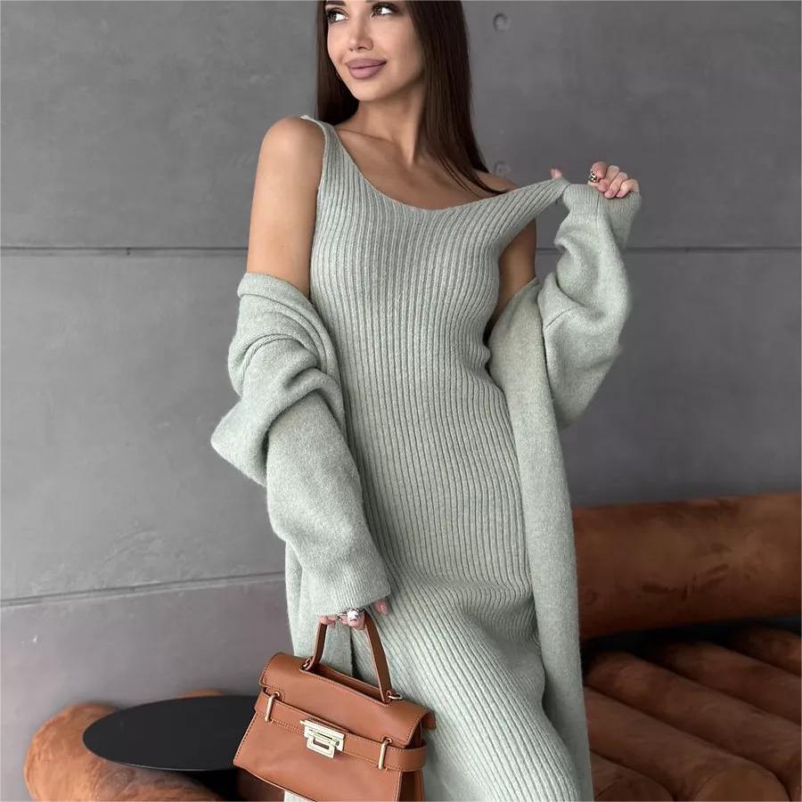 2pcs Knitted Suit Fashion Slim Sleeveless Long Dress And Casual.