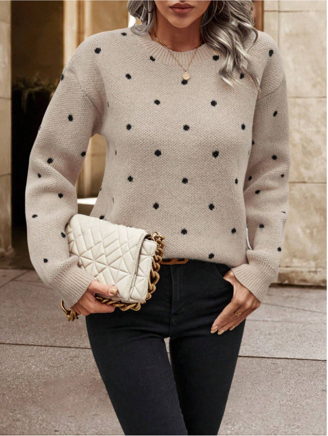 Ins Polka Dot Print Pullover Sweater Fashion Casual Long-sleeved Jacquard Knitted Top Winter.