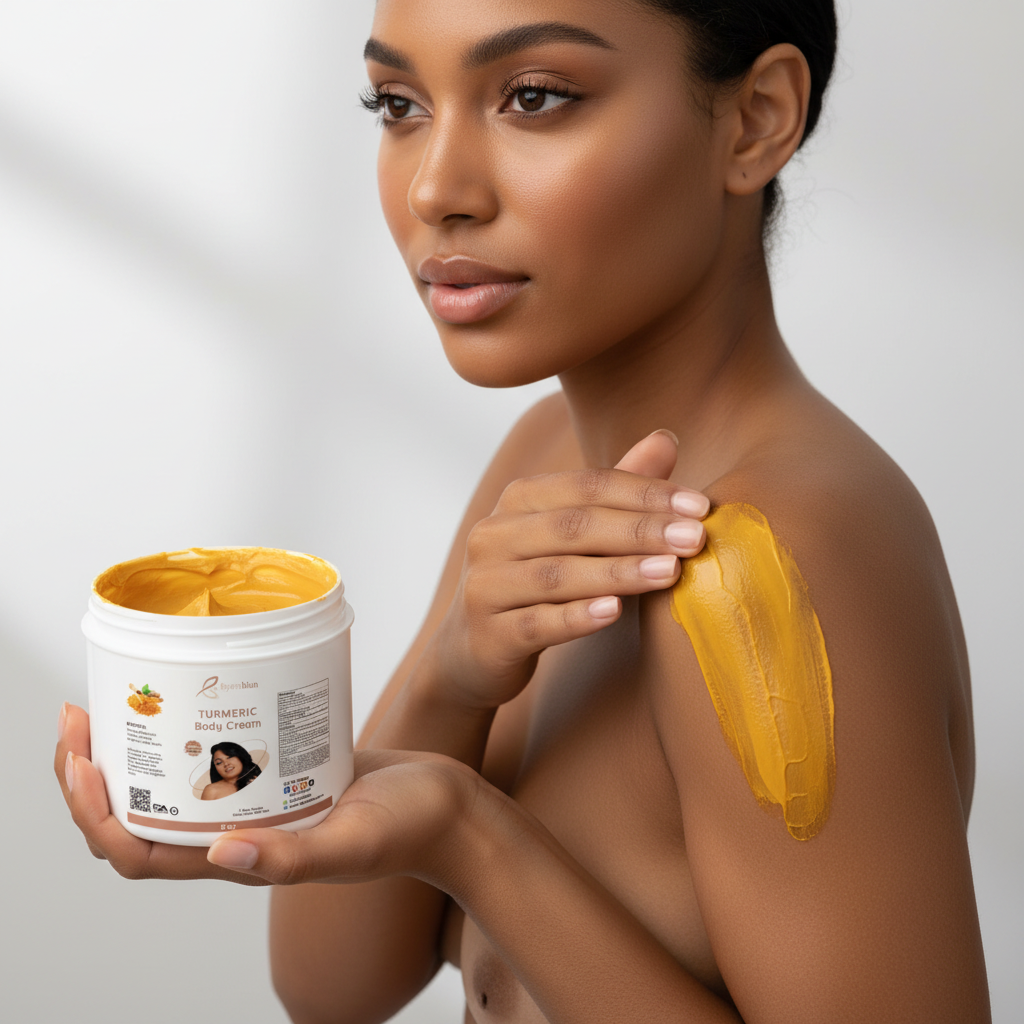 Woman with glowing skin applying turmeric body cream