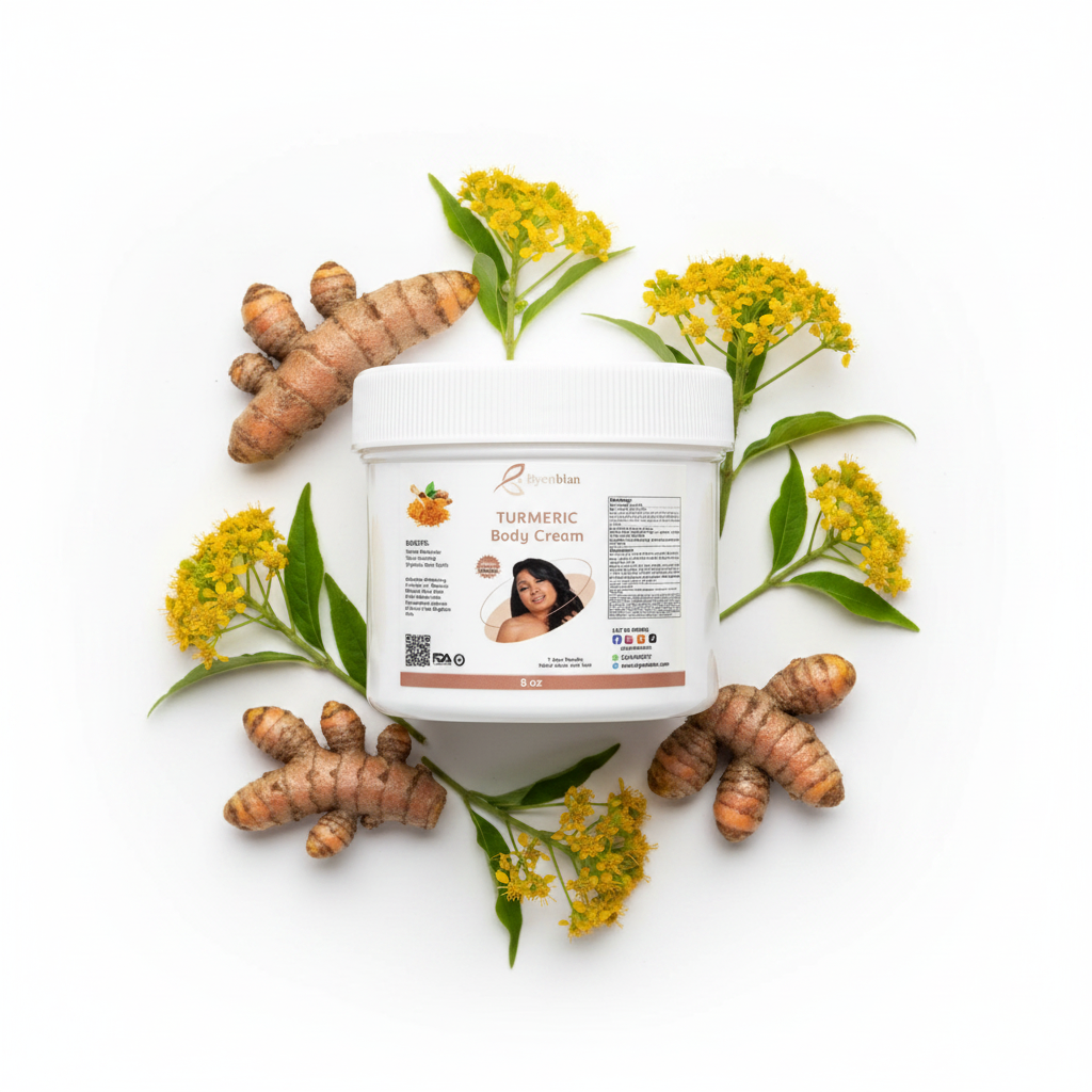 Turmeric Body Cream flat lay with turmeric