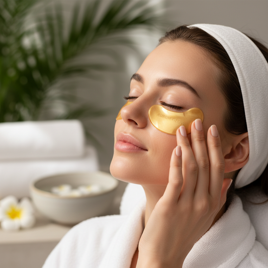 Mujer aplicando mascarilla de ojos con colágeno