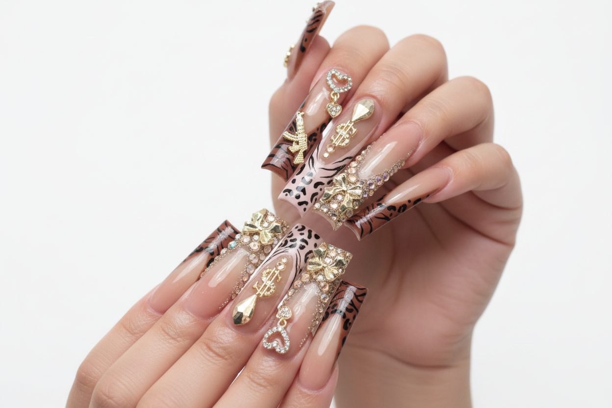 24pc Press-On Nails Set – French, Leopard, 3D Gold & Diamond Designs
