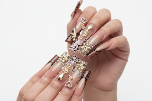 24pc Press-On Nails Set – French, Leopard, 3D Gold & Diamond Designs